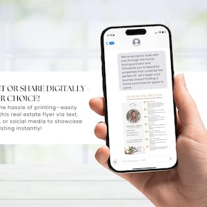 May include: A smartphone displays a real estate flyer with the text "HOME BUYING PROCESS" and a photo of a woman. The phone screen also shows a text message. The text on the image reads "PRINT OR SHARE DIGITALLY - YOUR CHOICE!"