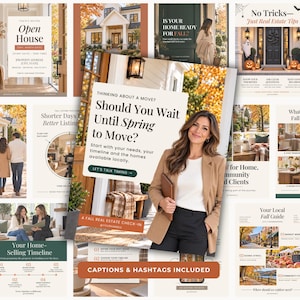 Puede incluir: Una colección de plantillas de marketing inmobiliario con un folleto central con el texto Should You Wait Until Spring to Move? y Let's Talk Timing. Los diseños incluyen varios formatos con imágenes otoñales, cuadros de texto y títulos.