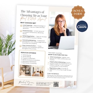 May include: Real estate agent marketing flyer with a woman using a laptop. The flyer highlights services offered, including home buying and selling, and features the text "The Advantages of Choosing Me as Your Real Estate Agent."