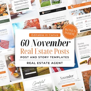 Könnte beinhalten: Eine Collage aus 60 November-Social-Media-Post- und Story-Vorlagen für Immobilienmakler. Die Vorlagen zeigen herbstliche Bilder, darunter Kürbisse, Blätter und Thanksgiving-Dekorationen. Der Text auf den Vorlagen enthält Sätze wie "Unterstützung für Unternehmen heute!" und "Thanksgiving dieses Jahr ausrichten?"