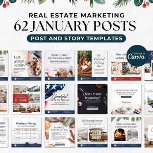 Puede incluir: Un collage de 62 plantillas de publicaciones e historias para redes sociales para marketing inmobiliario. Las plantillas presentan imágenes y textos con temática invernal, como "¿Domingo de invierno perezoso?" y "¡Feliz solsticio de invierno!" Las plantillas son editables en Canva.