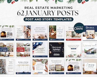 May include: A collage of 62 social media post and story templates for real estate marketing. The templates feature winter-themed imagery and text, such as "Lazy winter Sunday?" and "Happy Winter Solstice!" The templates are editable in Canva.