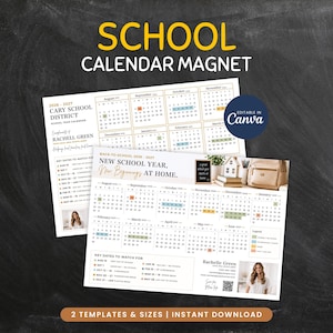May include: Two rectangular school calendar magnets for the 2026-2027 academic year. The white templates feature monthly grids, key dates, and space for contact information, including a photo of Rachelle Green and the text New School Year, New Beginnings At Home.