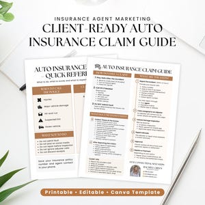 Puede incluir: Documento de dos páginas titulado "Guía de reclamaciones de seguros de automóviles para clientes" con secciones sobre qué hacer después de un accidente y qué evitar. La guía incluye una sección de "Referencia rápida" y está diseñada para marketing de agentes de seguros.