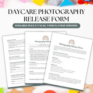 デイケア写真リリースフォーム同意書、ホームデイケアフォーム、幼稚園写真リリース、デイケアテンプレート、編集可能な同意書、契約書