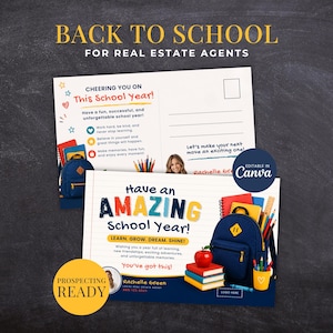 May include: Two rectangular postcards featuring a back-to-school theme for real estate agents. The designs include a blue backpack, stacked books, an apple, and colorful text reading "Have an AMAZING School Year!" and "Cheering you on this school year!"