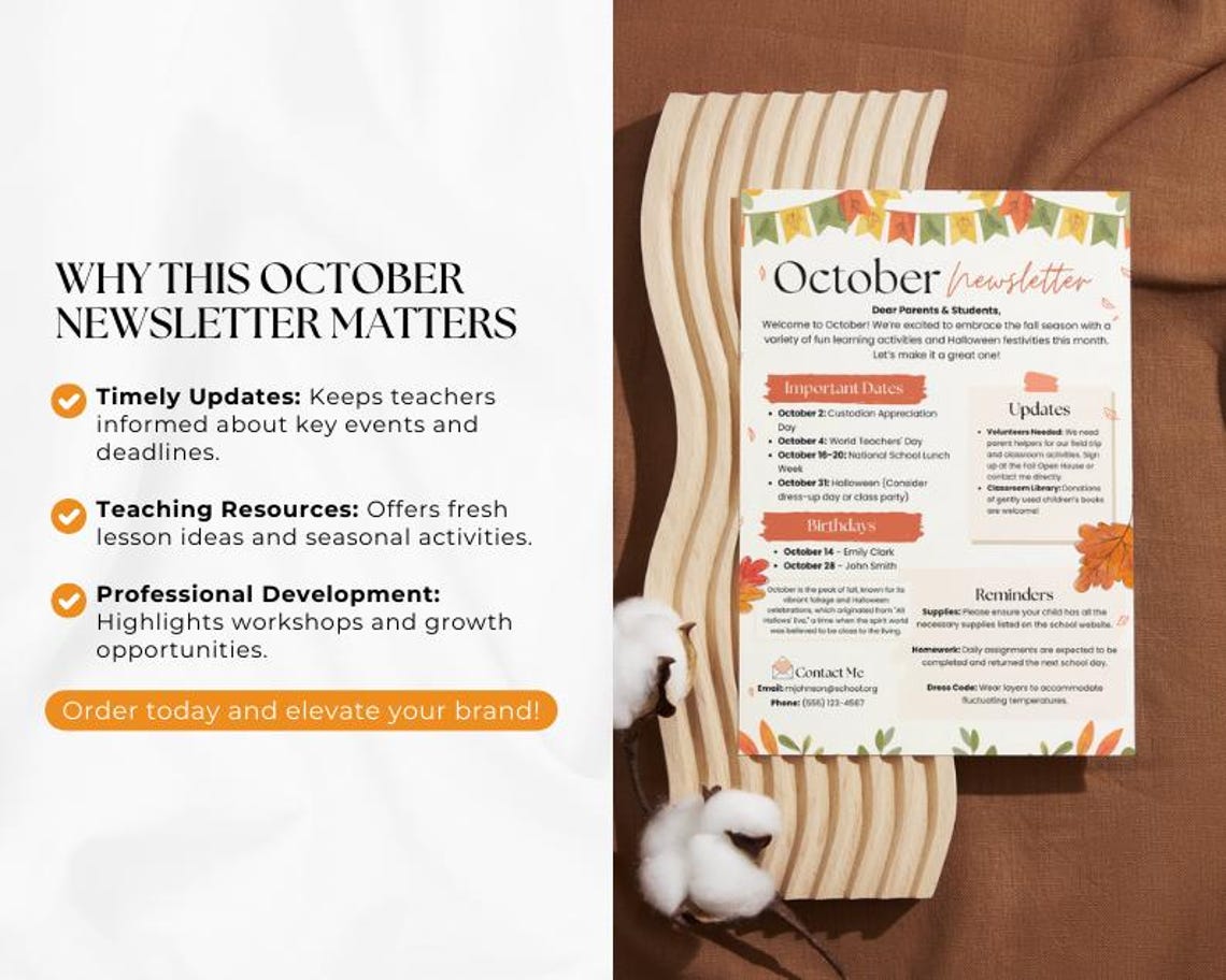 October School Newsletter Template Fall Theme, Printable Monthly ...