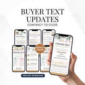 Op de afbeelding: Een hand die een smartphone vasthoudt met een "Closing Day"-bericht, met andere telefoons die updates voor vastgoedkopers tonen. De afbeelding bevat de tekst "Buyer Text Updates" en "Contract to Close".