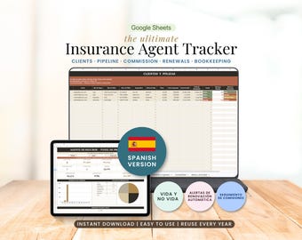 Insurance Agent Tracker Spanish Version, Google Sheets CRM for Life & Non-Life Agents, Commission Client Policy Tracker Español