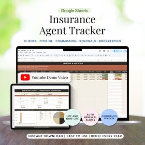 May include: A Google Sheets Insurance Agent Tracker template displayed on a laptop and tablet screen. The interface includes sections for clients, pipeline, commission, renewals, and bookkeeping, with a YouTube demo video button and circular icons.
