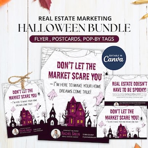 ハロウィーン不動産マーケティングテンプレートチラシギフトタグポストカードと不動産業者の配布物のアイデア、近所の不動産業者Canvaポストカード