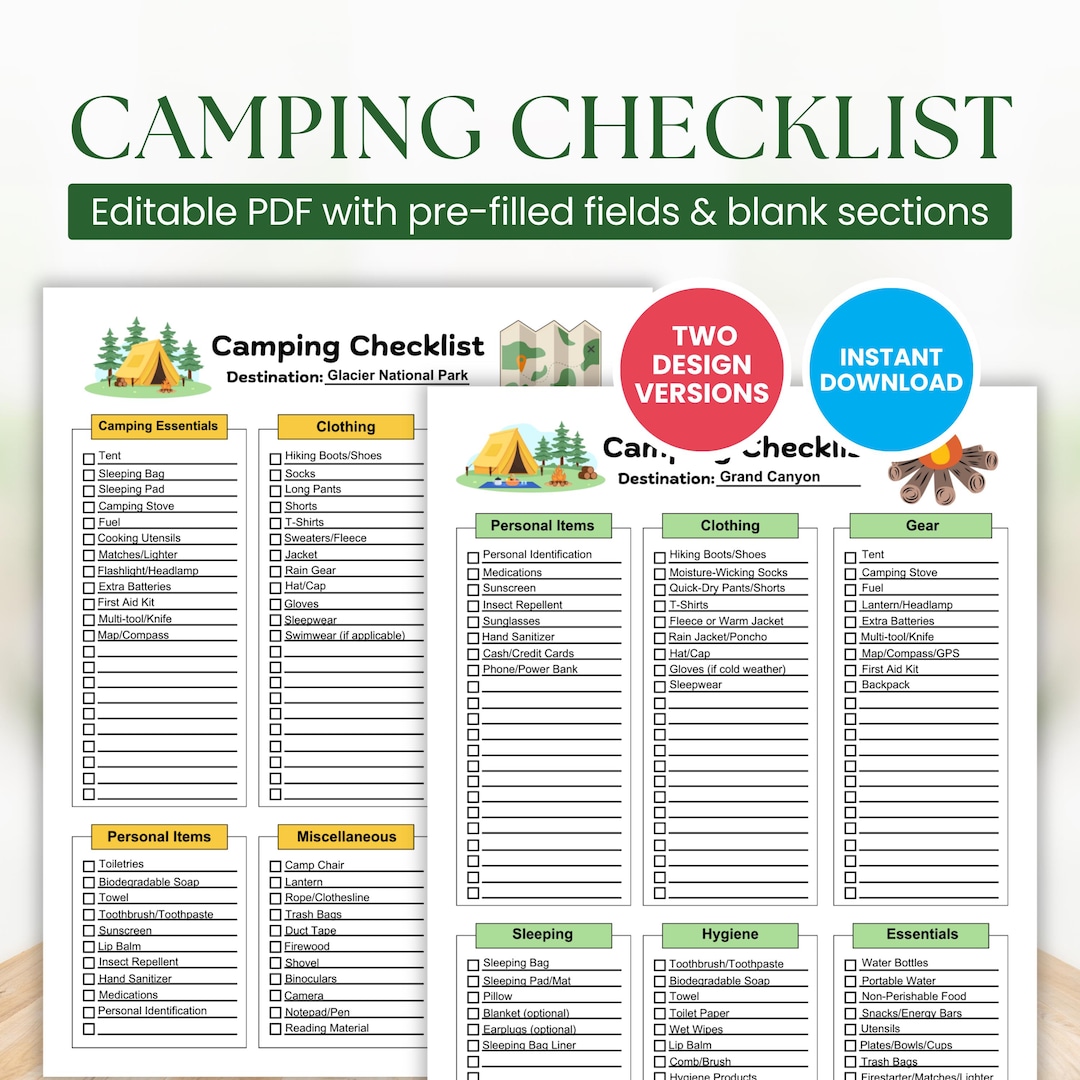 Camping Packing List Template Editable and Printable Camping Checklist