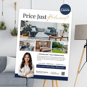 Puede incluir: Un anuncio inmobiliario con el texto "Price Just Reduced!" e imágenes de una casa. El folleto incluye una foto de una mujer y detalles sobre una casa de 3 dormitorios, con 204,4 m² de espacio.