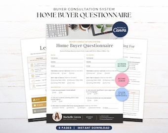 Real Estate Buyer Questionnaire, Buyer Consultation Packet, Home Buyer Intake Form, Realtor Buyer Checklist, Buyer Packet Notes Template