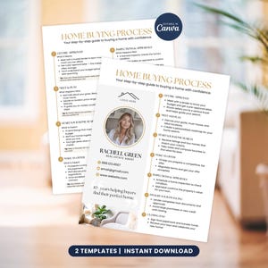 May include: Two white templates titled "Home Buying Process" with gold text. One template features a photo of a real estate agent, contact info, and a list of steps. The other template lists the steps. The Canva logo is in the top right corner.