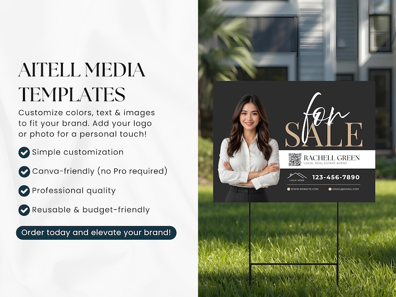 May include: A black and white real estate sign with the words "For Sale" in elegant script. The sign features a photo of a woman and contact information for Rachell Green, a local real estate agent. The sign is displayed on a metal stand in a grassy yard.