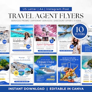 Travel Agent Flyer Bundle Template, Marketing Flyers, Social Media, Vacation and Travel Brochure Templates for Agencies, Travel Marketing