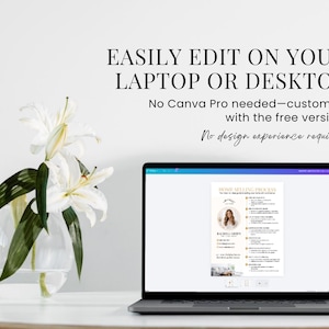 May include: A laptop displaying a document with the text "HOME SELLING PROCESS". The laptop is on a white desk next to a clear glass vase with white flowers and green leaves. The text "EASILY EDIT ON YOUR LAPTOP OR DESKTOP" is above the laptop.