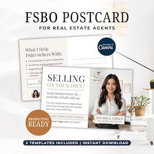 May include: Two FSBO postcard templates for real estate agents. One postcard lists services offered, the other features a realtor with the text "Selling on Your Own?" and "Prospecting Ready". Includes "Editable in Canva" logo.