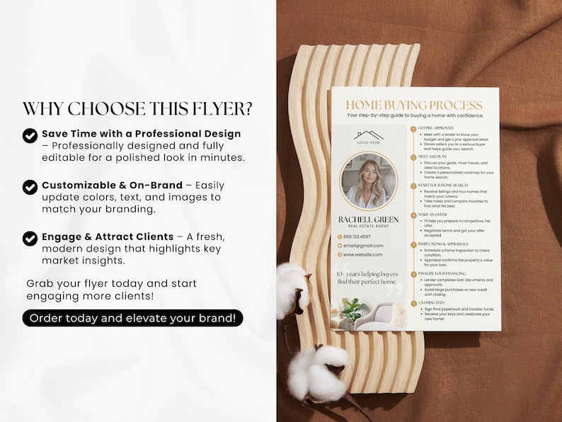 May include: A flyer with the text "Home Buying Process" and "Why Choose This Flyer?" is displayed. The flyer includes a photo of a real estate agent, contact information, and a step-by-step guide. The flyer is on a wooden decorative piece.