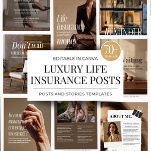 Peut inclure: Ensemble de modèles marketing pour des publications et des stories sur l'assurance vie de luxe, modifiables dans Canva. La conception présente une palette de couleurs neutres avec des superpositions de texte. Comprend des images et du texte comme "Assurance vie".
