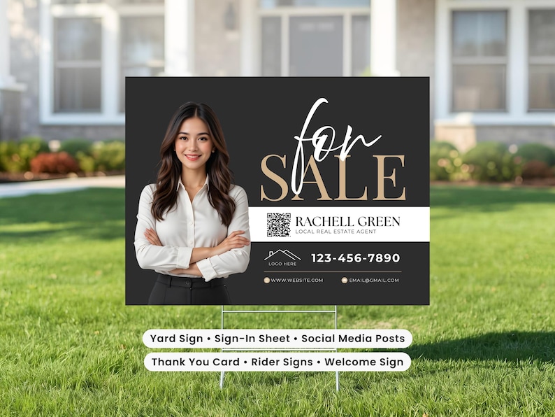 May include: A yard sign with a black and white design, featuring a woman and the words "for sale." The sign includes contact information for Rachell Green, a local real estate agent. Additional text at the bottom lists various sign types.