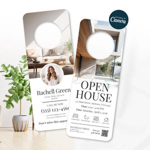May include: Two white door hangers with a circular cutout at the top. One features a photo of a woman and text: "Rachell Green, Local Real Estate Agent." The other says "Open House" with address, time, and date.