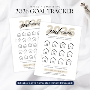 Op de afbeelding: Twee witte doeltrackerbladen met de tekst "2026 Goal Tracker" en huispictogrammen. De bladen bevatten de tekst "Real Estate Marketing" en "Editable Canva Template | Instant Download". Eén blad heeft een doel van 30 huizen, de andere 12.