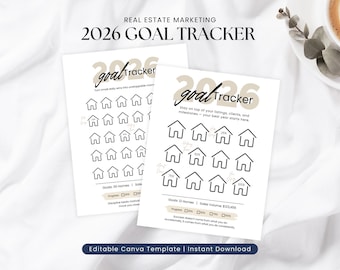 Pode incluir: Duas folhas brancas de rastreamento de metas com o texto "2026 Goal Tracker" e ícones de casas. As folhas têm o texto "Real Estate Marketing" e "Editable Canva Template | Instant Download". Uma folha tem uma meta de 30 casas, a outra 12.