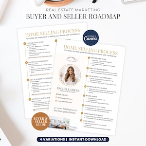 May include: Two white and gold real estate marketing guides titled "Buyer and Seller Roadmap" and "Home Selling Process". The guides include text and a photo of a real estate agent. The guides are labeled "Editable in Canva" and "4 Variations | Instant Download".