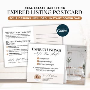 Cartolina di quotazione scaduta, mailer di marketing immobiliare, lettera di ricerca clienti, modello Canva per l'agricoltura immobiliare e il follow-up di lead scaduti