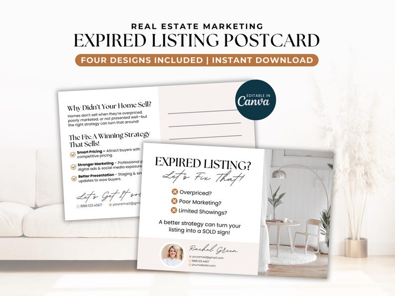 Carte postale expirée, publipostage de marketing immobilier, lettre de prospection, modèle Canva pour l'agriculture d'un agent immobilier et suivi des prospects arrivés à expiration image 1