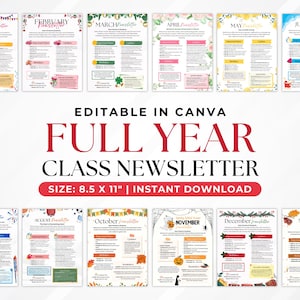 Full Year School Newsletter Templates, Meet the teacher Newsletter Monthly template, Classroom Monthly Themed Newsletter Daycare Updates