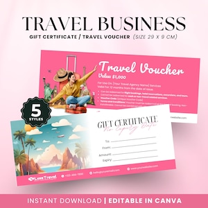 May include: Pink travel voucher and gift certificate design, size 29 cm x 9 cm. The voucher shows a person on a suitcase with travel destinations. The gift certificate has space for recipient details.