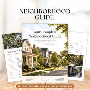 Puede incluir: Una plantilla de guía de vecindario editable de 20 páginas que presenta una portada con una imagen de una casa suburbana y el texto Your Complete Neighborhood Guide, junto con dos páginas interiores que muestran datos de propiedades.