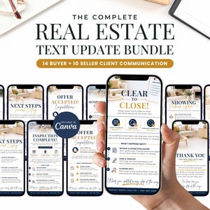 Può includere: Un pacchetto digitale di modelli di comunicazione per clienti immobiliari visualizzato su diversi schermi di smartphone. Il testo include "The Complete Real Estate Text Update Bundle", "Clear to Close" e "14 Buyer + 10 Seller Client Communication".
