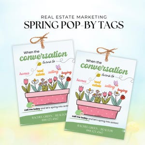 Etiquetas de regalo y etiquetas emergentes de primavera editables para agentes inmobiliarios, marketing de flores para bienes raíces, paquete de marketing para agentes inmobiliarios, marketing de primavera