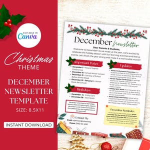 December School Newsletter Template for Daycare Christmas Theme, Editable Preschool Newsletter Template, Monthly School Classroom Newsletter