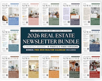 2026 Real Estate Newsletter Template Bundle, Year Long Editable Canva Marketing Se, Realtor Monthly Luxury Newsletter Kit for Agent