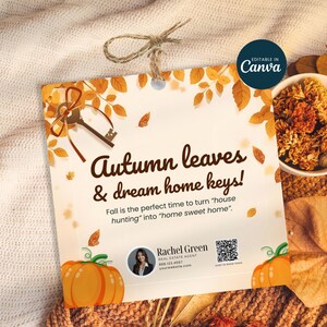 Puede incluir: Un anuncio inmobiliario con temática otoñal con el texto "Autumn leaves & dream home keys!" y una ilustración de una llave. El diseño incluye calabazas, hojas y una taza de flores. El anuncio es "Editable in Canva".