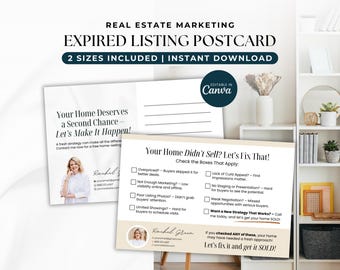 Carte postale d&#39;annonce ayant expiré, publipostage de marketing immobilier, lettre de prospection, modèle Canva pour l&#39;agriculture d&#39;un agent immobilier et liste de prospects arrivés à expiration