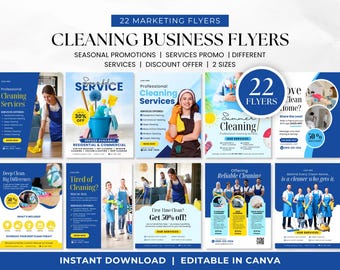 May include: A set of 22 marketing flyers for cleaning businesses. The flyers showcase diverse designs with images of cleaning equipment and professionals, advertising services, discounts, and seasonal promotions. Text includes "Instant Download" and "Editable in Canva."