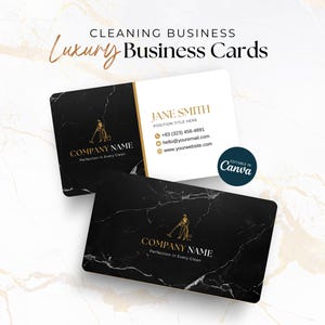 May include: Two business cards with a black marble effect. One card has a gold logo and the words "COMPANY NAME" and "Perfection in Every Clean." The other card has contact details and the text "CLEANING BUSINESS Luxury Business Cards."