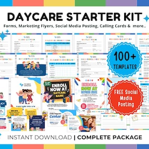 以下が含まれることがあります： 保育園の印刷可能なフォーム、チラシ、ソーシャルメディア投稿のカラフルなコラージュ。画像の上部に「DAYCARE STARTER KIT」というテキストがあります。「100+ TEMPLATES」というテキストは青い円の中にあります。「FREE Social Media Posting」というテキストは赤い円の中にあります。「INSTANT DOWNLOAD | COMPLETE PACKAGE」というテキストは画像の下部にあります。
