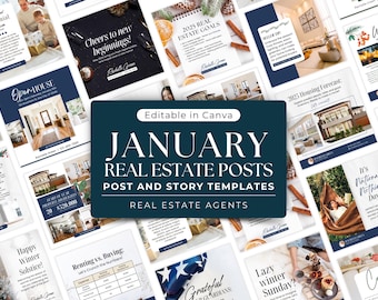 May include: A collage of social media post and story templates for real estate agents. The templates feature a variety of winter-themed designs, including snowflakes, pine cones, and a cosy living room. The text on the templates includes phrases like "Happy Winter Solstice!" and "2025 Real Estate Goals".