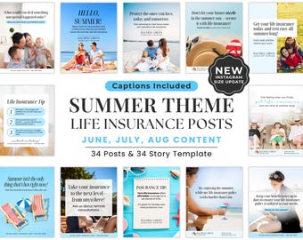 Summer Life Insurance Social Media Templates, Editable Canva Posts for Insurance Agents, Instagram Marketing Content and Insurance Feed Kit