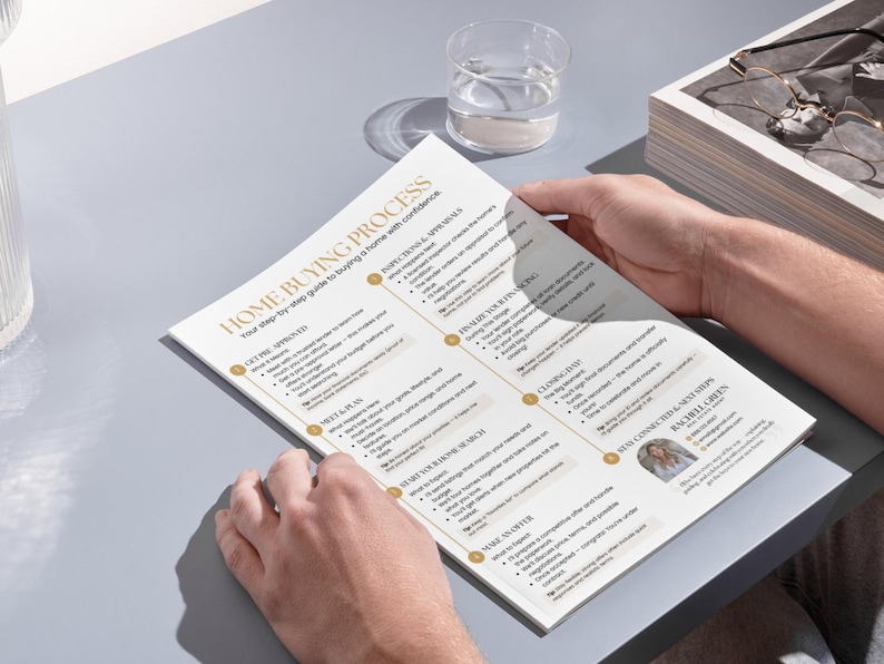 May include: A person holding a printed guide titled "HOME BUYING PROCESS" with step-by-step instructions. The guide is on a light gray surface, next to a glass of water and a box containing eyeglasses.