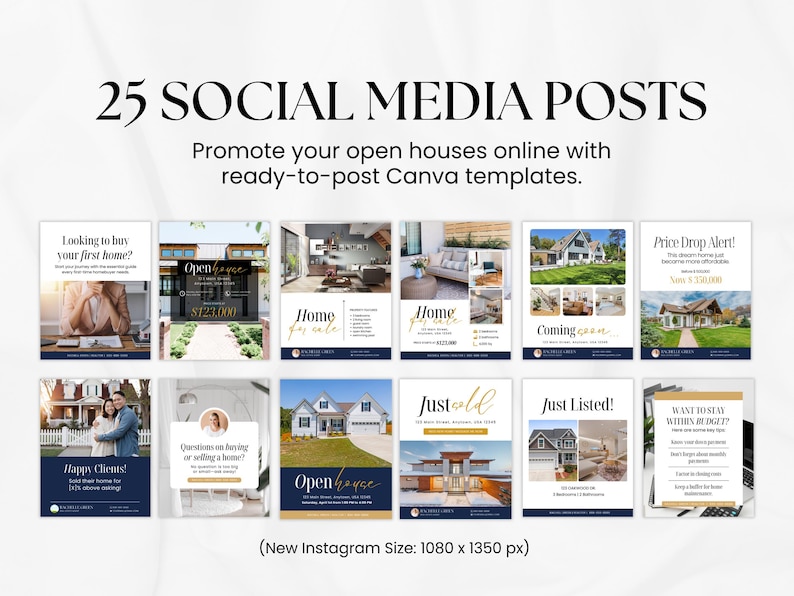 May include: A promotional graphic with the text "25 SOCIAL MEDIA POSTS" and "Promote your open houses online with ready-to-post Canva templates." The image features examples of social media posts for real estate, including phrases like "Open House" and "Just Listed!"