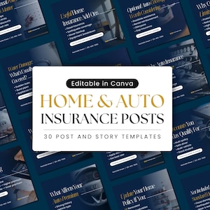 以下が含まれることがあります： ホームと自動車保険のソーシャルメディアテンプレートのコレクションで、濃い青色の背景に白と金のテキストが使用されています。中央のグラフィックには「HOME & AUTO INSURANCE POSTS - 30 POST AND STORY TEMPLATES」と書かれています。