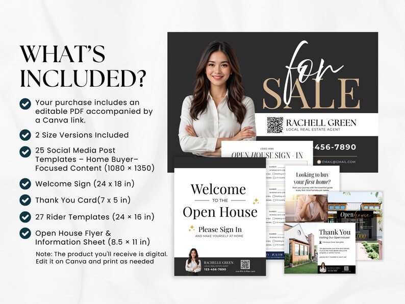 May include: A digital real estate marketing kit with templates for social media posts, welcome signs (24 x 18 inches), thank you cards (7 x 5 inches), and open house flyers. Includes a Canva link for editing.